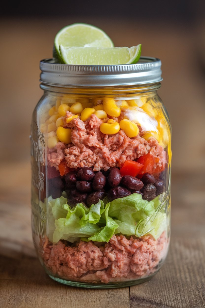 Photo taken indoors of a mason jar layered with ground turkey, black beans, corn, diced tomatoes, lettuce, and a lime wedge on top, no logos.