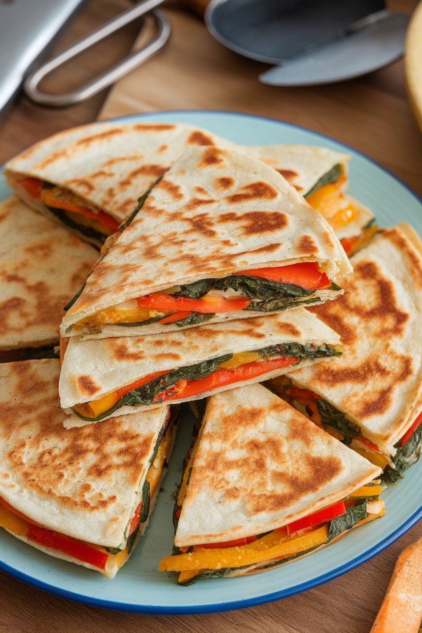 Indoor photo of triangular slices of veggie-filled quesadillas showing colorful peppers and spinach spilling out, arranged on a plate. No logos or text.