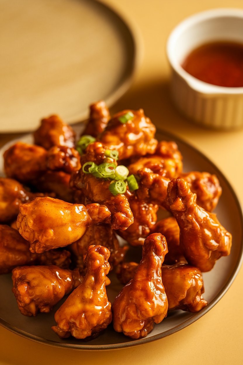 Indoor photo of glazed chicken drumettes piled on a plate, sticky honey sheen visible. No text or logos.