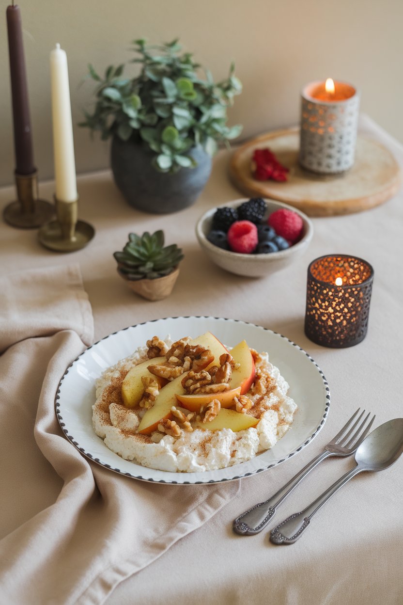 An indoor breakfast table showing cottage cheese topped with sautéed apple chunks, cinnamon, and walnuts; no text or logos. Photo only.
