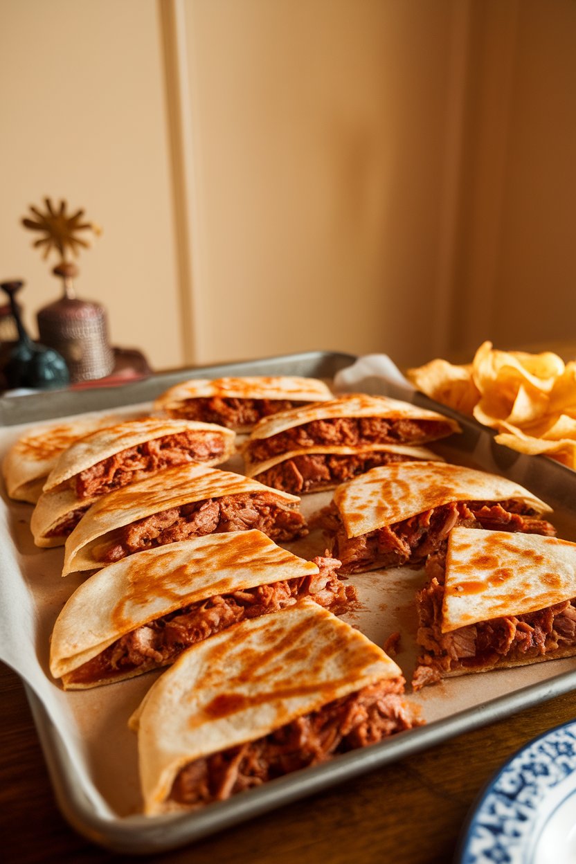 Sheet pan on a dining table with barbecue pulled-pork quesadilla wedges, sauce glistening, indoor lighting, no text or logos.