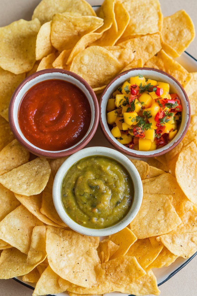 An indoor table set with three small ceramic bowls: classic red salsa, bright green tomatillo salsa, and fiery mango-habanero salsa, surrounded by plain tortilla chips. No text or logos.