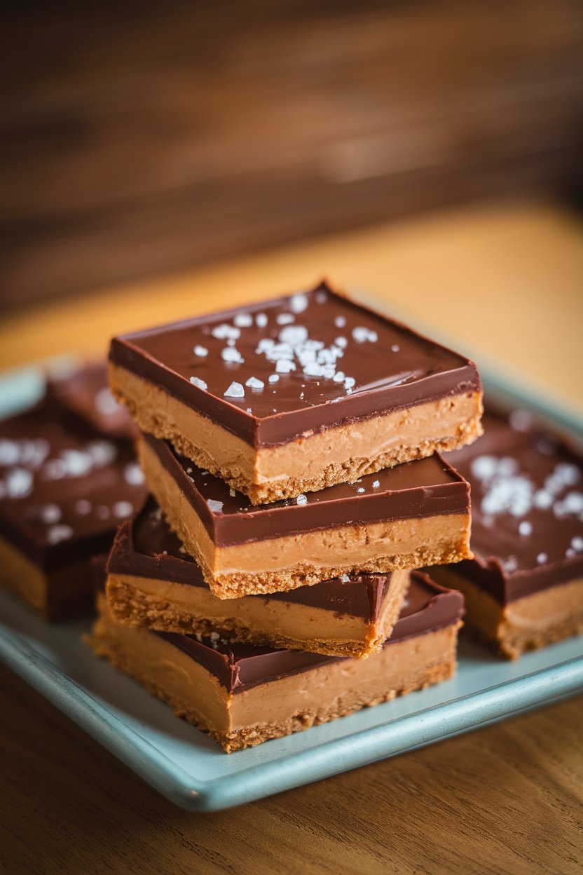 Indoor photo of a square platter stacked with no-bake peanut butter bars topped with a glossy chocolate layer and a light sprinkle of sea salt. Warm lighting, no text or logos.