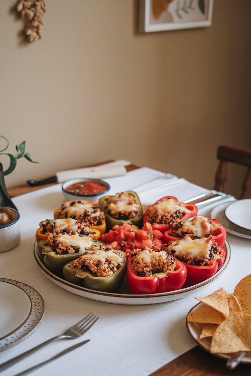 A cozy indoor dining table with halved bell peppers filled with quinoa, black beans, and diced tomatoes, cheese lightly melted on top; no text or logos anywhere. Photo only.