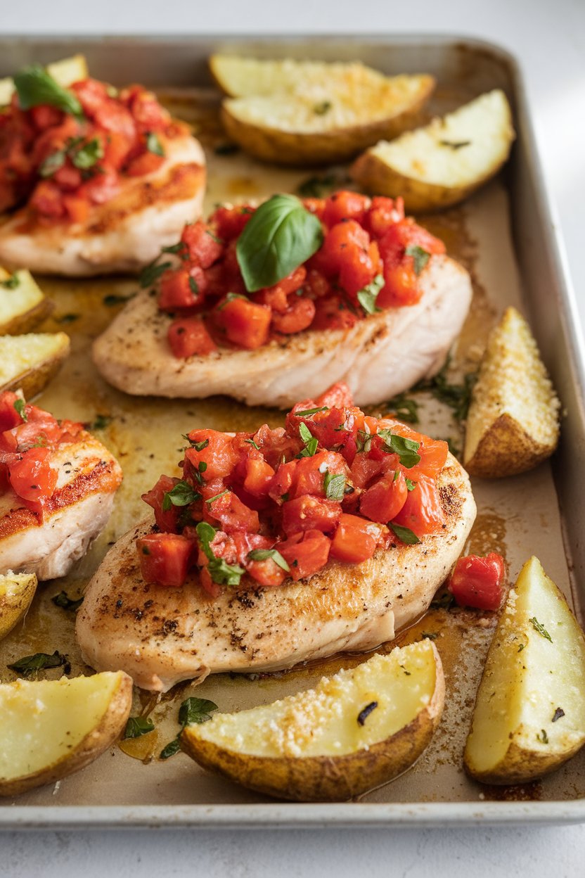 Sheet pan with roasted chicken breasts topped with diced tomato-basil mixture and Parmesan-crusted potato wedges. Indoor lighting, no logos.