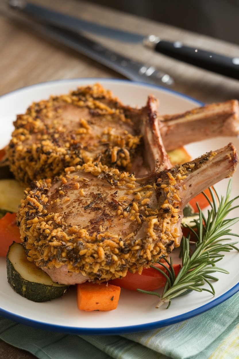 Plate of chops coated in herby Dijon crust, crispy edges visible, no text or logos.