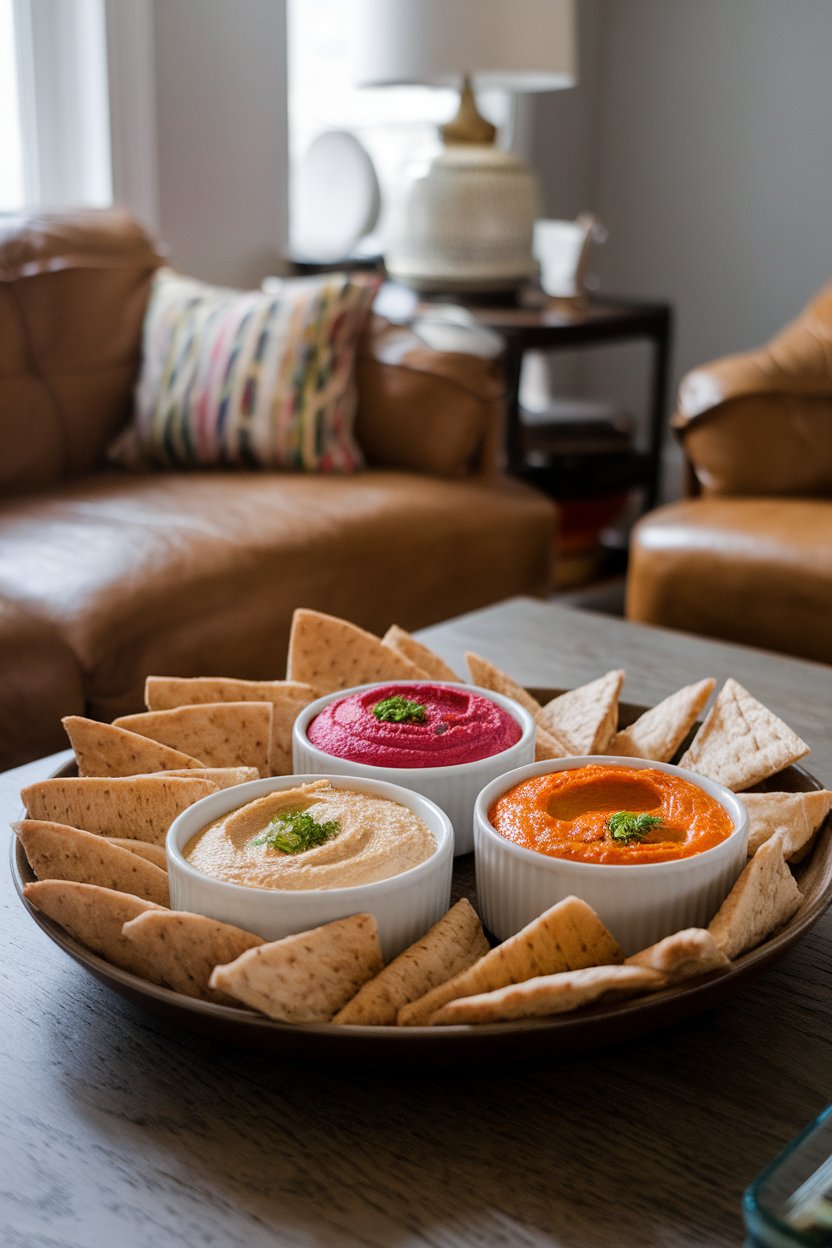 Photo of three small bowls of classic, beet, and roasted red pepper hummus surrounded by whole-wheat pita triangles on an indoor coffee table. No text or logos.