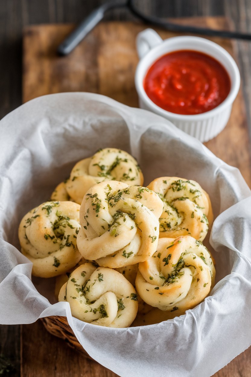 An indoor basket lined with parchment holding soft garlic knots brushed with herb butter, a cup of marinara alongside. No text or logos. Photo, not illustration.