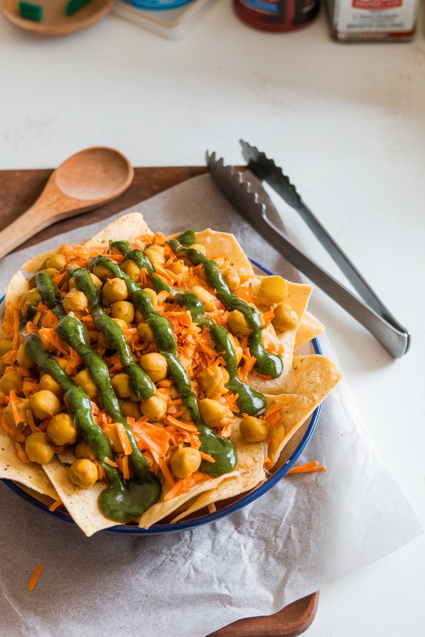 Indoor kitchen scene of nachos topped with curried potato-pea mix, cheddar, and cilantro chutney drizzle; no text or logos, photo not illustration.