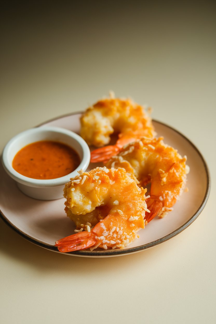 Indoor photo of golden coconut-crusted shrimp on a small plate with sweet chili dipping sauce. No logos anywhere.