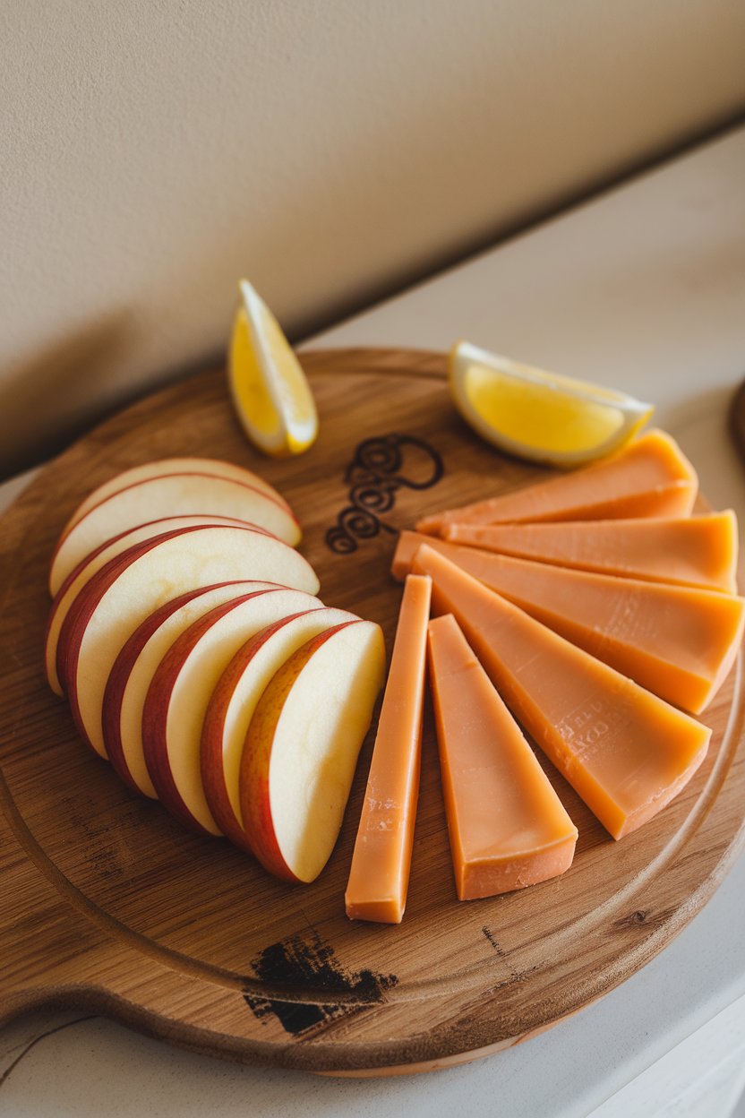 Indoor board featuring fanned apple wedges beside smoked gouda triangles, lemon wedge nearby, no text or logos