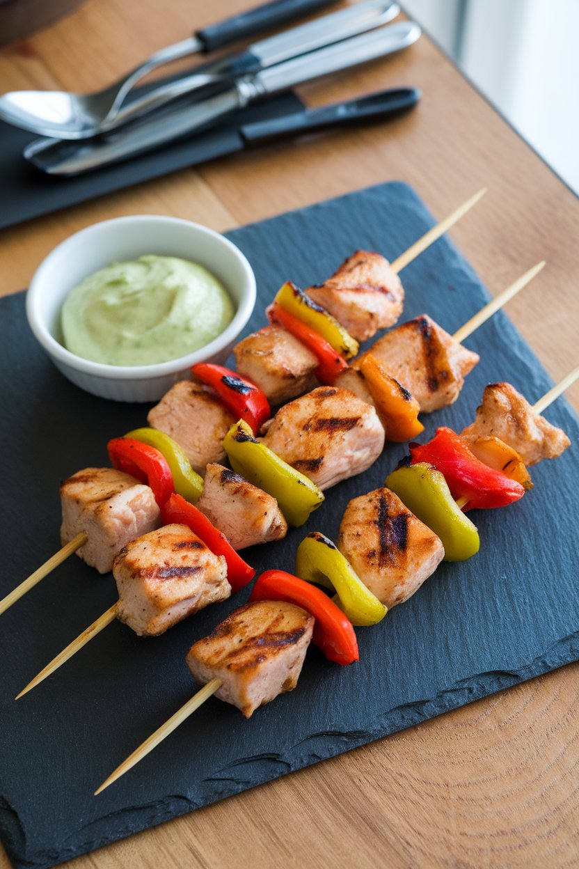 Indoor photo displaying bamboo skewers threaded with grilled chicken cubes and colorful bell peppers, served over a slate board with a small bowl of pale green avocado-lime sauce. No text or logos.