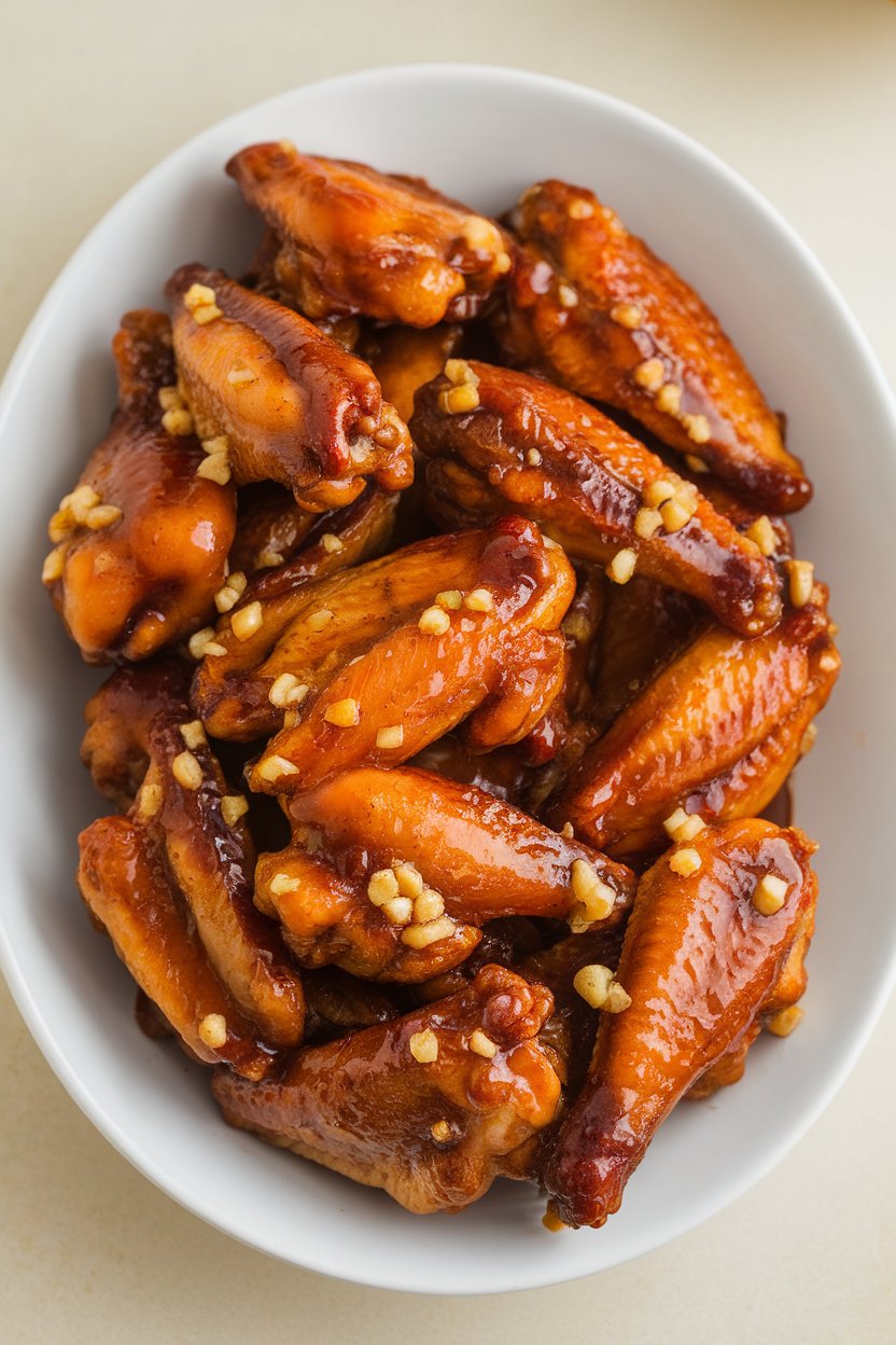 Indoor photo of glazed chicken wings on a white platter, sticky honey sheen and scattered minced garlic bits, no text or logos.