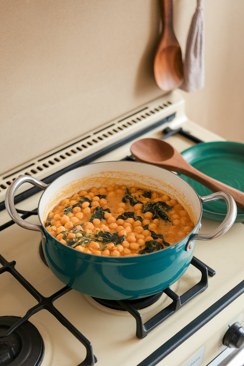 Indoor stovetop scene with a pot of golden coconut chickpea curry studded with spinach. No text or logos.
