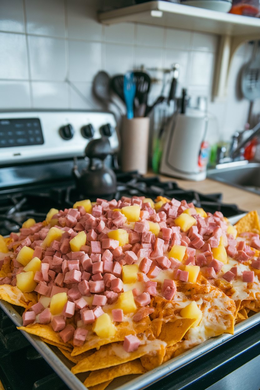 Indoor kitchen scene of nachos scattered with diced ham, pineapple chunks, and melted mozzarella; no text or logos, photo not illustration.