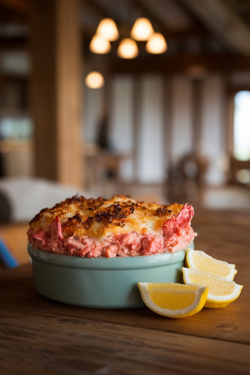 Indoor dining table with a small gratin dish of decadent lobster dip topped with browned Parmesan, lemon wedges to the side. No text or logos.