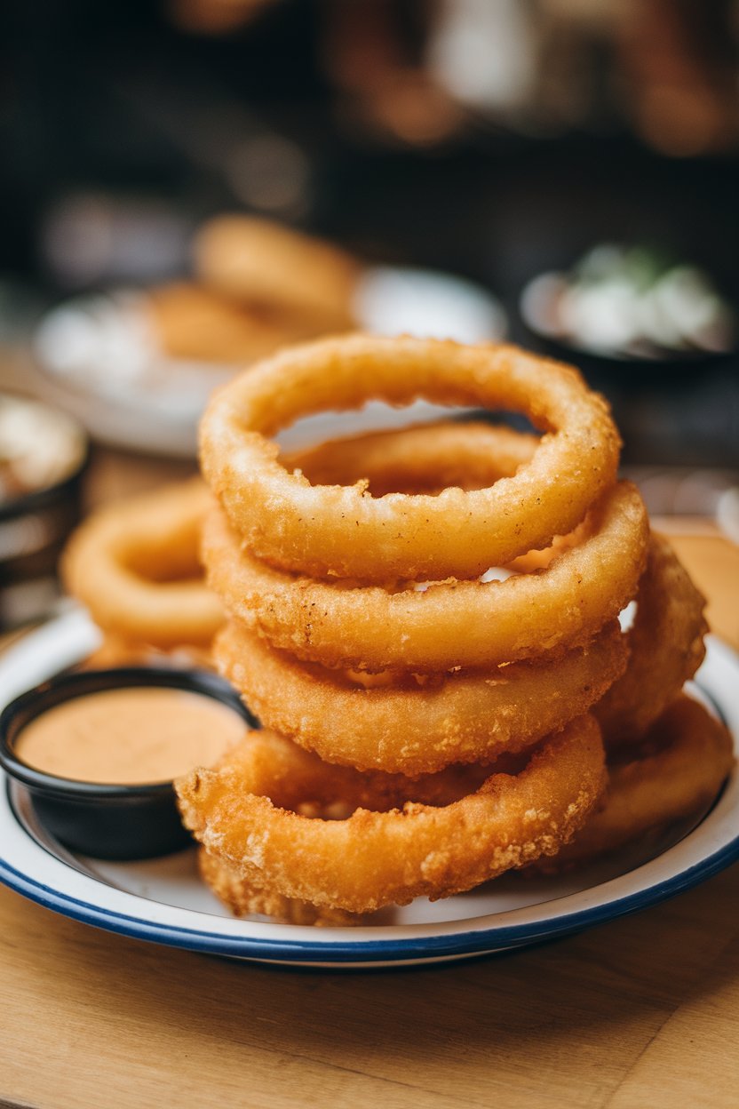 An indoor pub-style plate stacked high with golden onion rings, small dish of zesty dipping sauce beside it. No text or logos. Photo, not illustration.