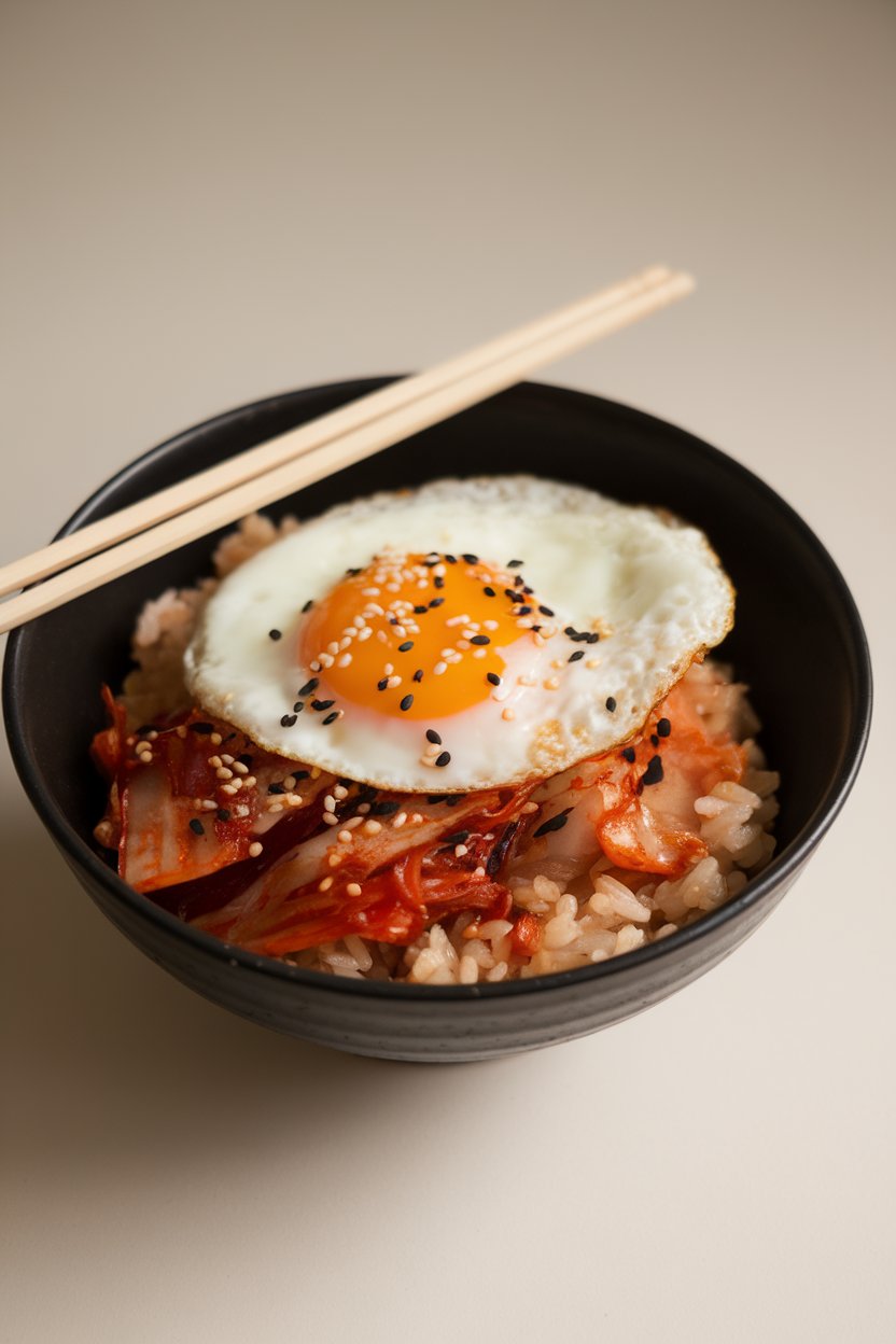An indoor bowl of warm brown rice topped with a fried egg, spicy kimchi, and sesame seeds, chopsticks resting on the rim. No text or logos. Photo, not illustration.