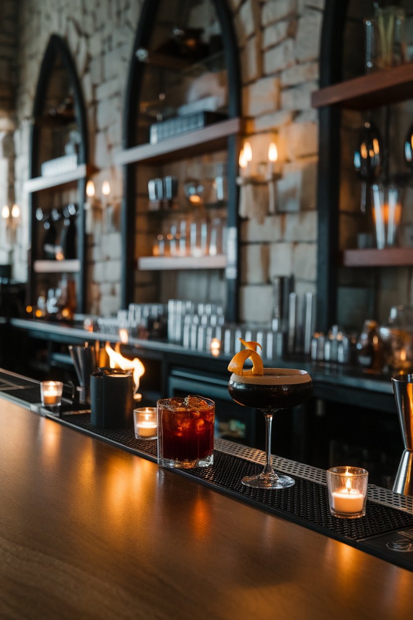 Indoor gothic-style bar with a coupe of jet-black cocktail, flame-kissed orange peel resting on rim, no text or logos, photo