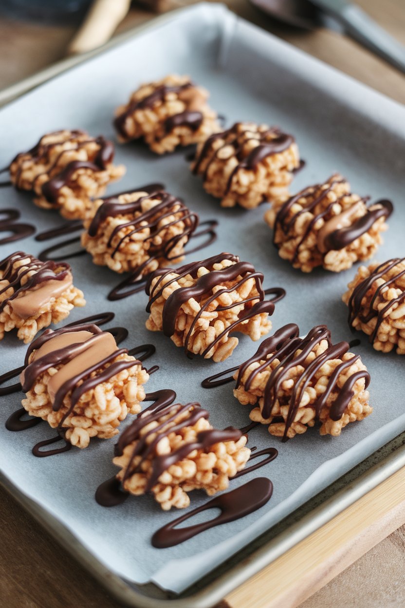 An indoor baking tray featuring rice-cereal clusters bound by peanut butter and drizzled with dark chocolate; no text or logos.