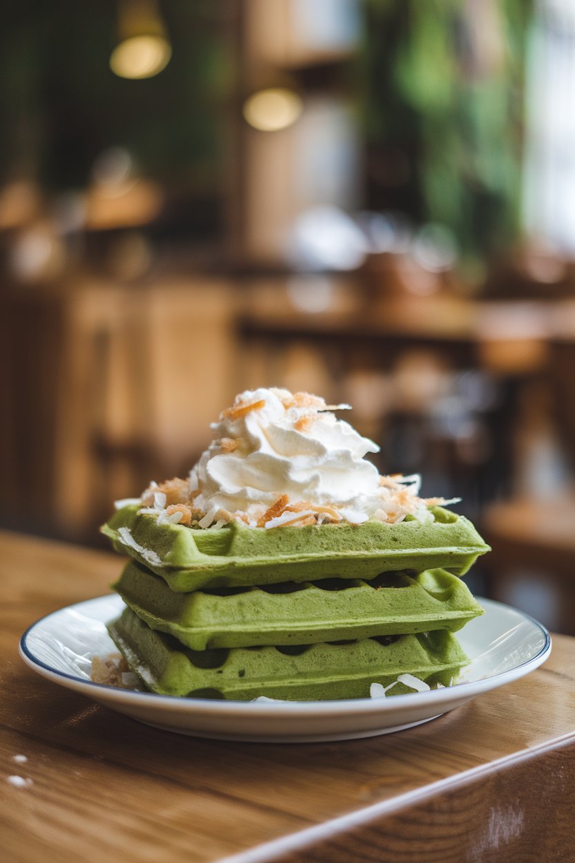 Indoor brunch scene featuring a stack of green pandan waffles topped with whipped cream and shredded coconut on a white plate. No text or logos.