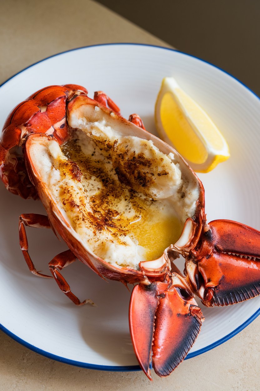 Indoor photo of a split, broiled lobster tail with browned garlic butter pooling in the shell, lemon wedge on the plate, no text or logos