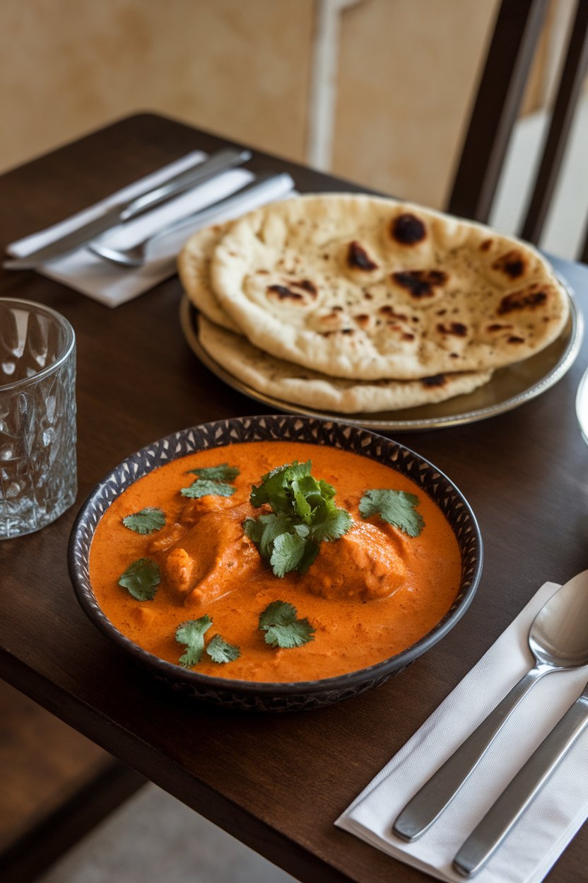 An indoor dining table with a bowl of creamy orange chicken tikka masala garnished with cilantro, naan visible nearby; photo only, no text or logos.