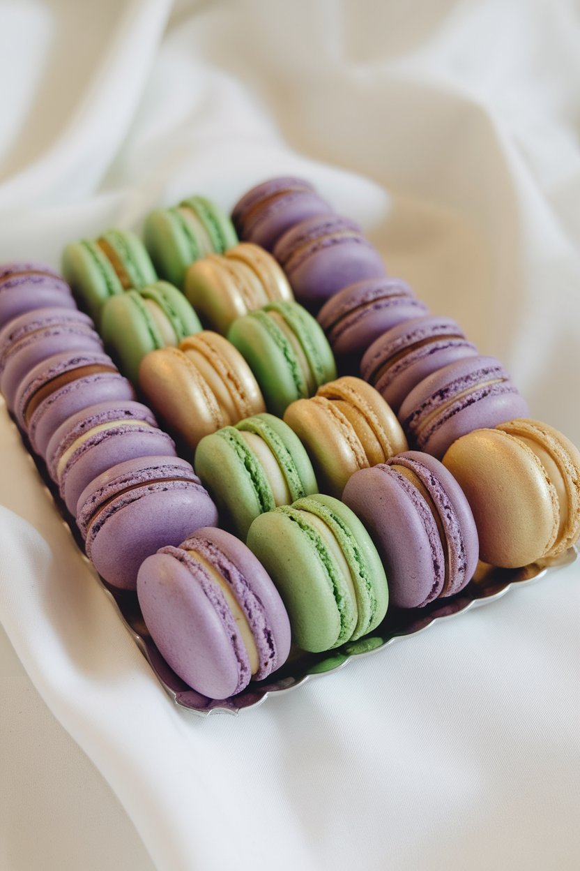 Indoor photo of a tray of French macarons with purple, green, and gold shells, neatly lined up. No text or logos present.