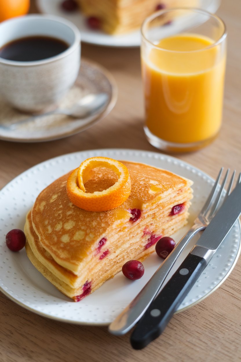 Indoor breakfast setup featuring an orange-cranberry pancake slice, visible cranberry jewels, and an orange twist garnish, no text or logos.
