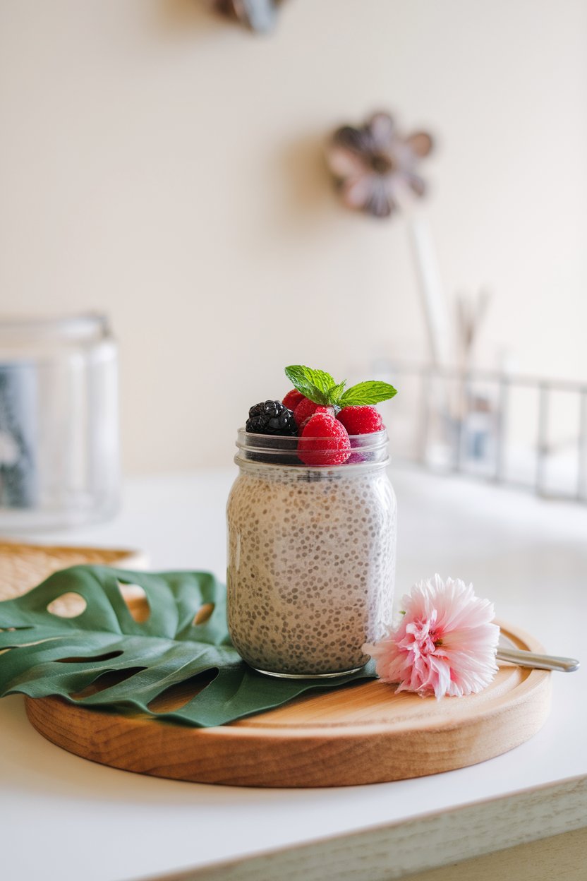 An indoor breakfast bar with a mason jar of chia seed pudding topped with mixed berries and a mint sprig; no logos.
