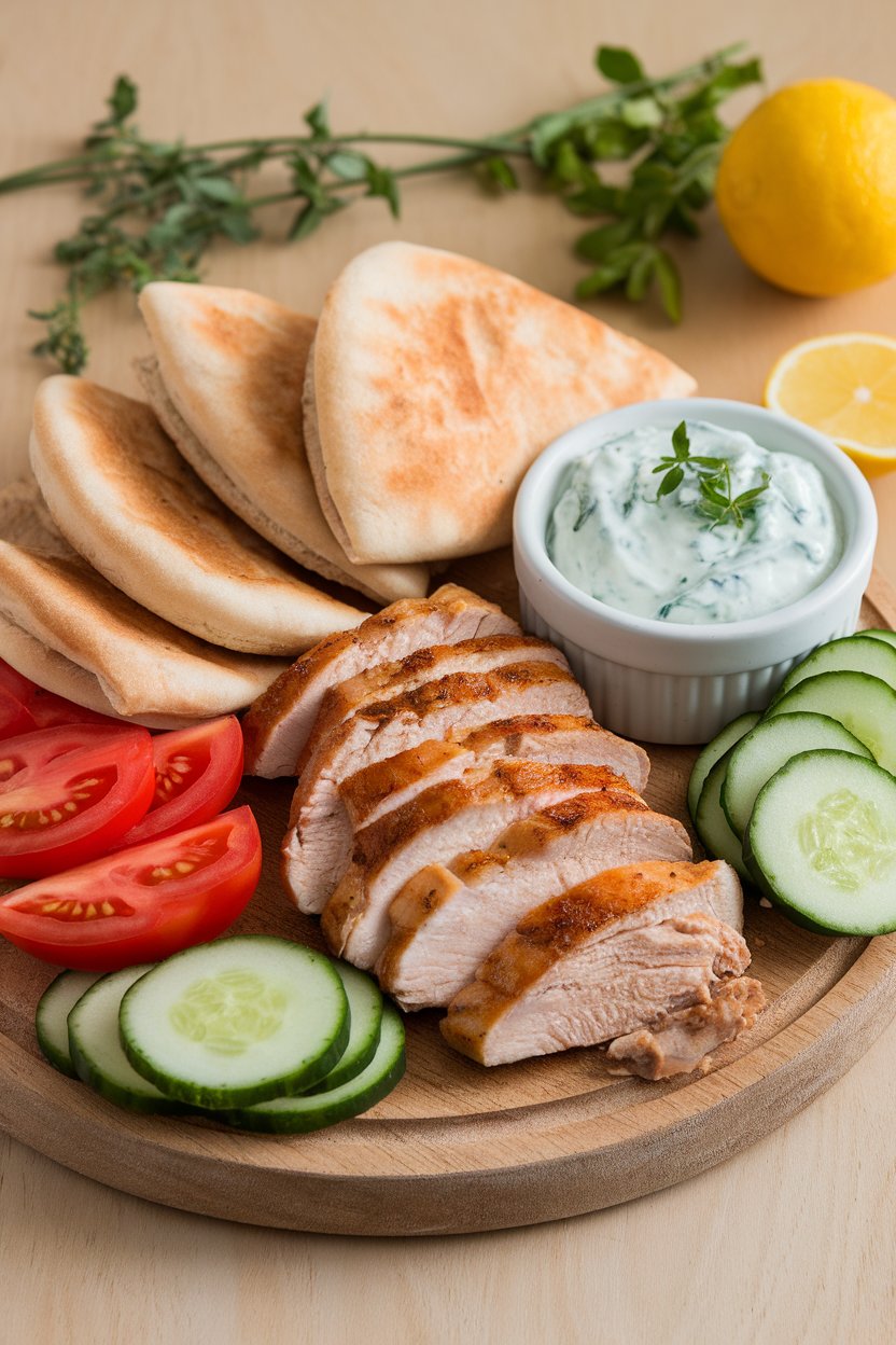Indoor photo of a board featuring cooked sliced chicken, warm pita wedges, tzatziki, tomatoes, and cucumbers for DIY gyros; no text or logos.