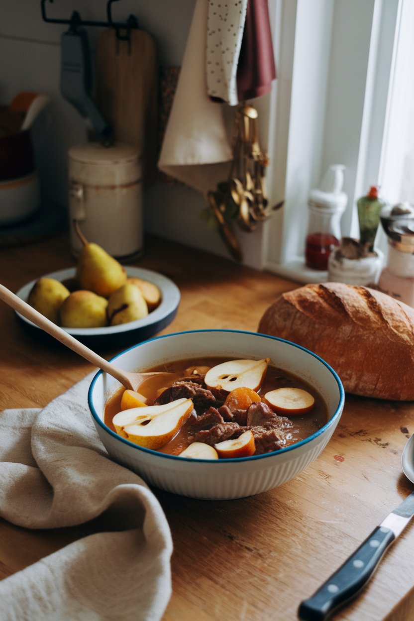 Indoor autumn kitchen counter with a bowl of beef stew containing pear slices and parsnip rounds in a golden broth. No text or logos. Photo.