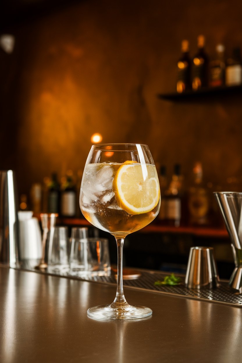 Indoor bar with a stemmed wine glass of pale golden White Port and tonic, lemon wheel floating, no text or logos. Photo only.