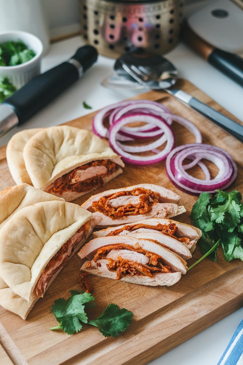 Indoor cutting board with sliced barbecue chicken flatbread, red onion rings and cilantro scattered. No text or logos present.