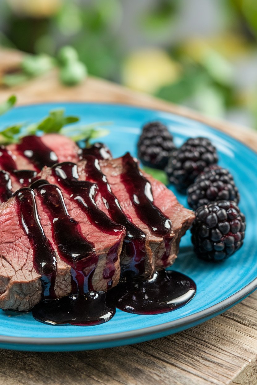 Indoor plate of beef drizzled with deep purple blackberry sauce, fresh blackberries on the side. No logos or text.