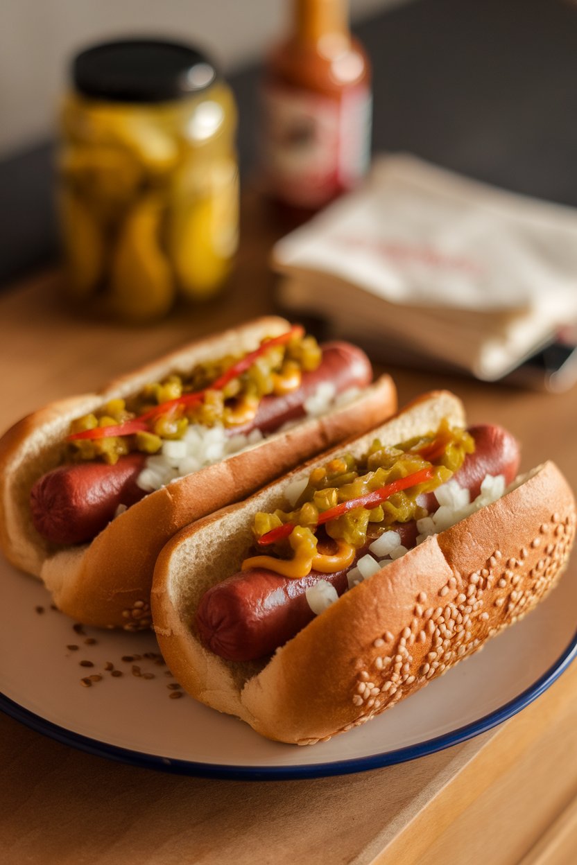 Indoor photo of grilled hot dogs nestled in buns with relish, mustard, and diced onions visible; no text or logos.