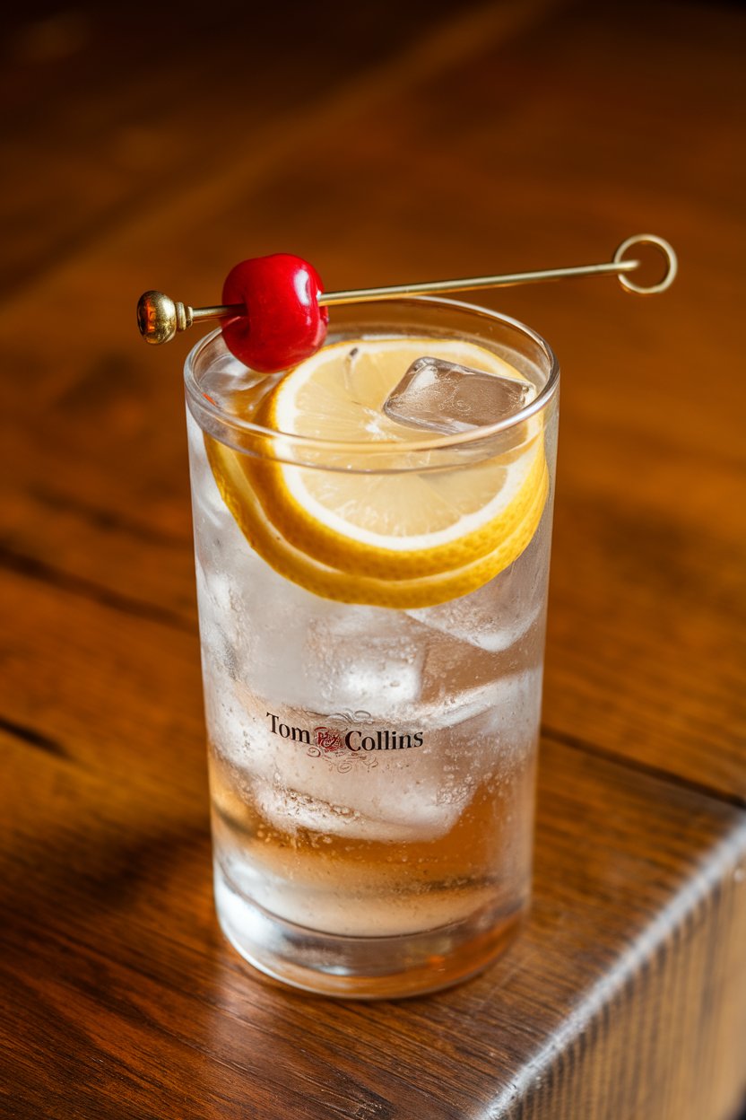 An indoor highball glass brimming with ice, clear Tom Collins topped with soda, lemon wheel and cherry garnish, no logos or text. Photo only.