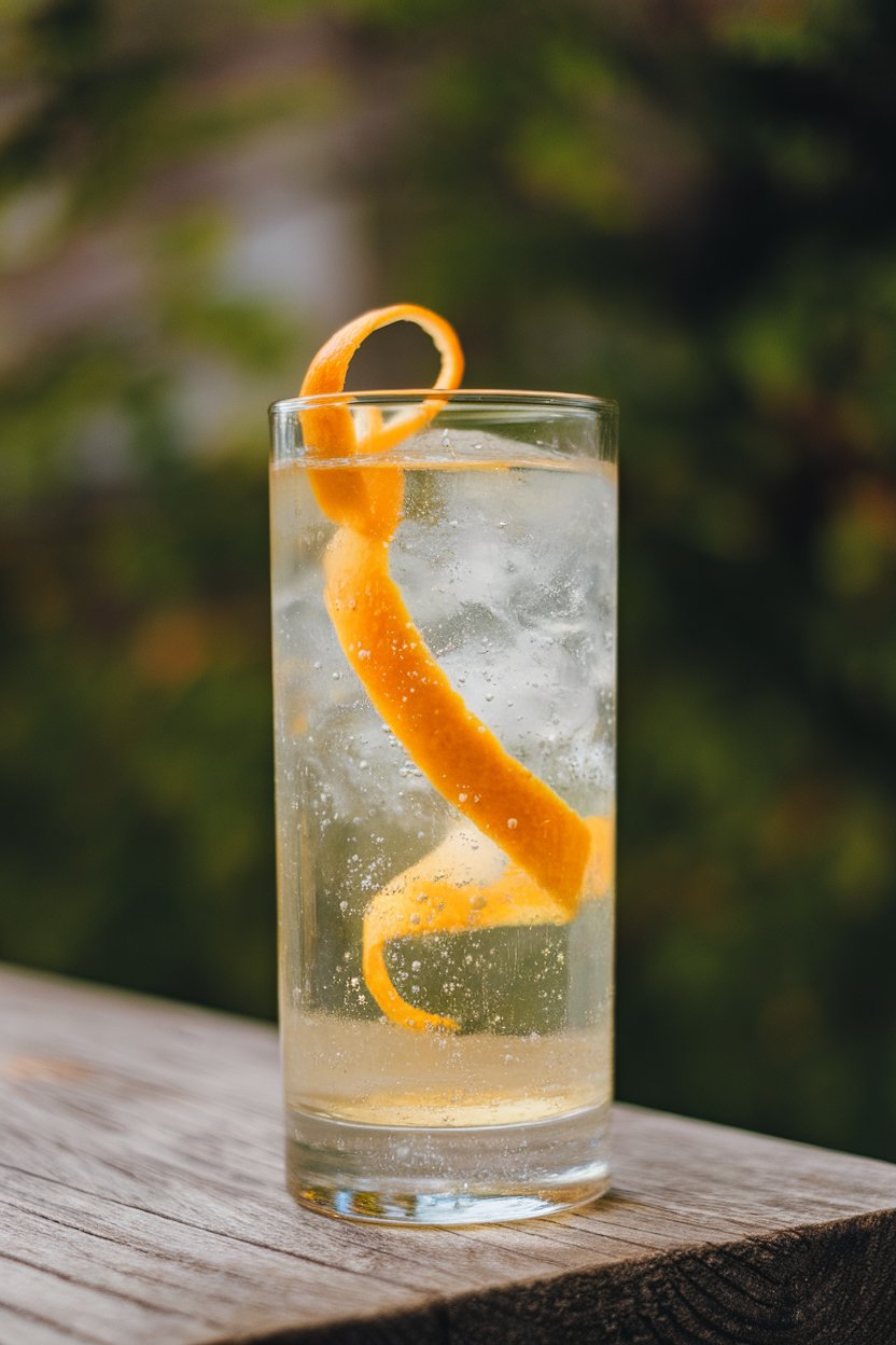 Indoor highball glass of pale golden tonic with orange twist, delicate bubbles, no brand labels, no text.