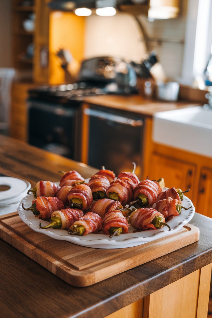 An indoor kitchen island with a white platter of bacon-wrapped jalapeño poppers, cheese lightly bubbling at the tips, bacon edges crispy and golden; warm overhead lighting, no text or logos.