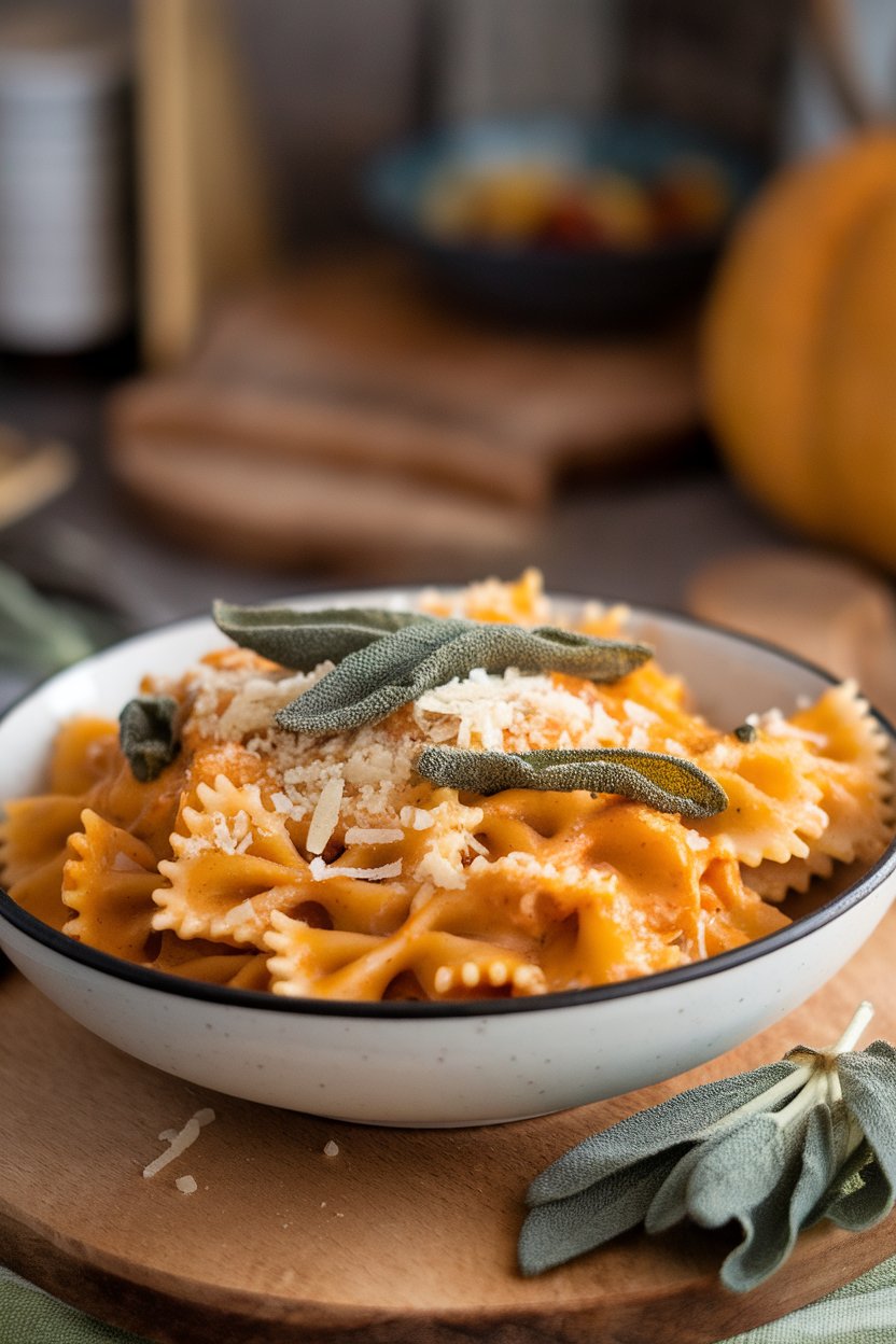 Indoor photo of bow-tie pasta coated in creamy pumpkin sauce with crispy sage leaves, Parmesan scattered on top, no text or logos
