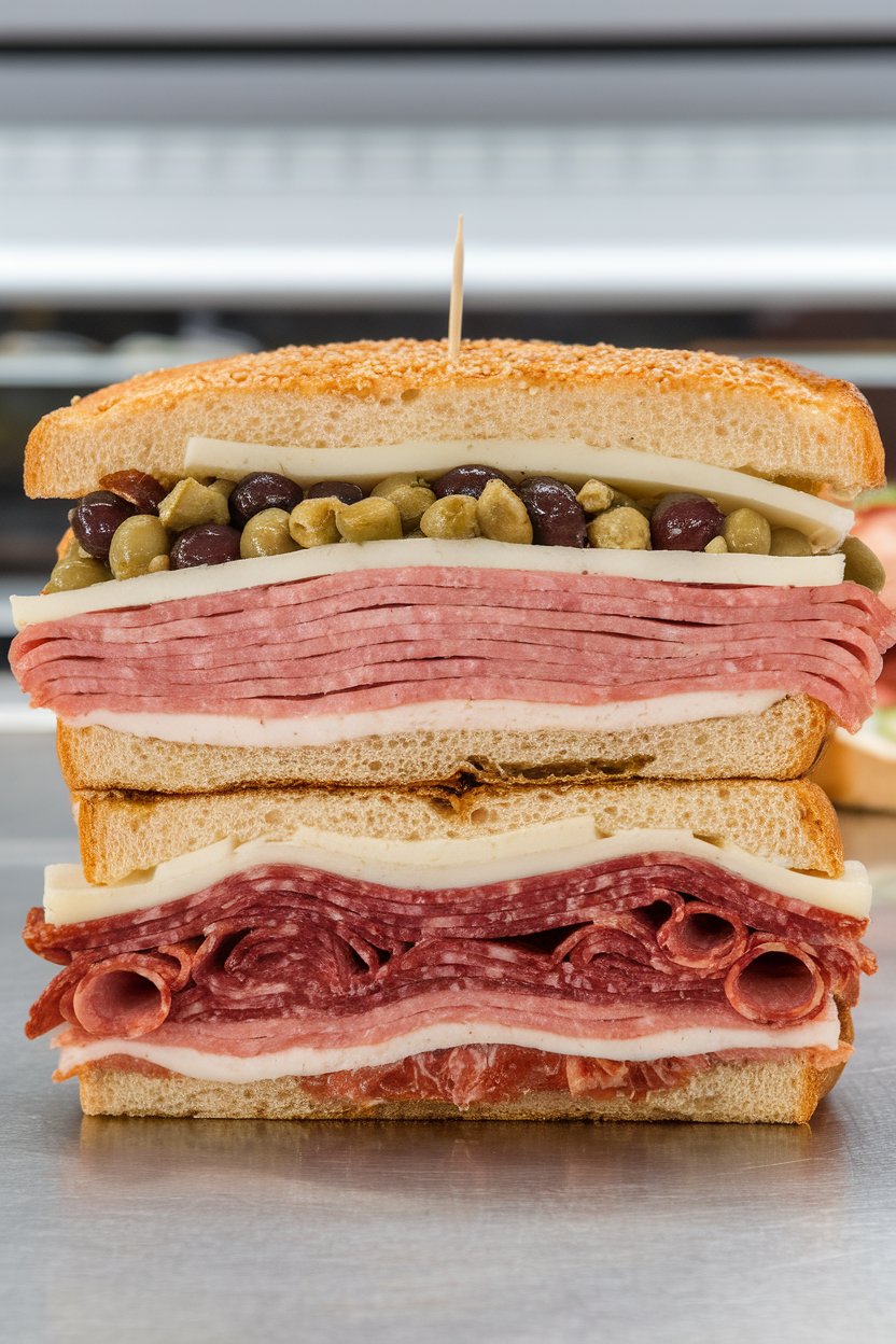 An indoor deli counter shot of a quartered muffuletta showing layers of cold cuts, provolone, and olive salad inside sesame bread. No text or logos. Photo.