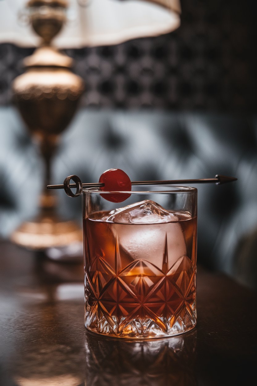 Moody indoor lounge with a heavy cut-glass tumbler full of tawny cocktail and large clear ice cube, brandied cherry skewered on metal pick, no text or logos, photo