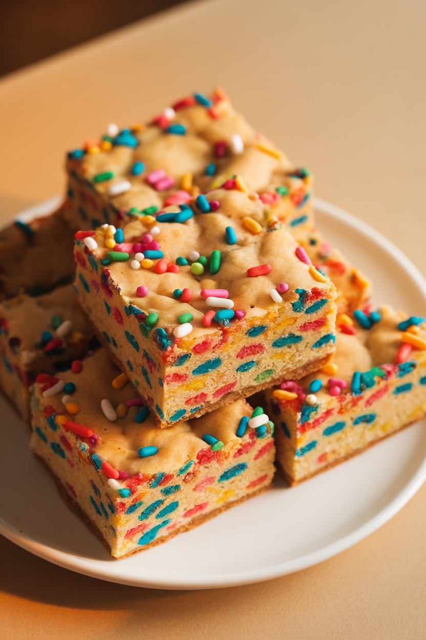 Indoor photo of square blondies studded with colorful sprinkles, stacked neatly, no text or logos