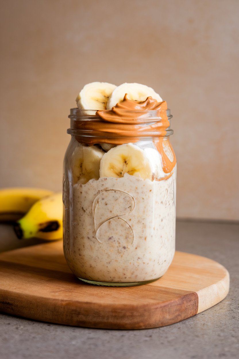 Photo of an open mason jar filled with creamy overnight oats, sliced banana on top, and a swirl of peanut butter, photographed on an indoor countertop. No text or logos.