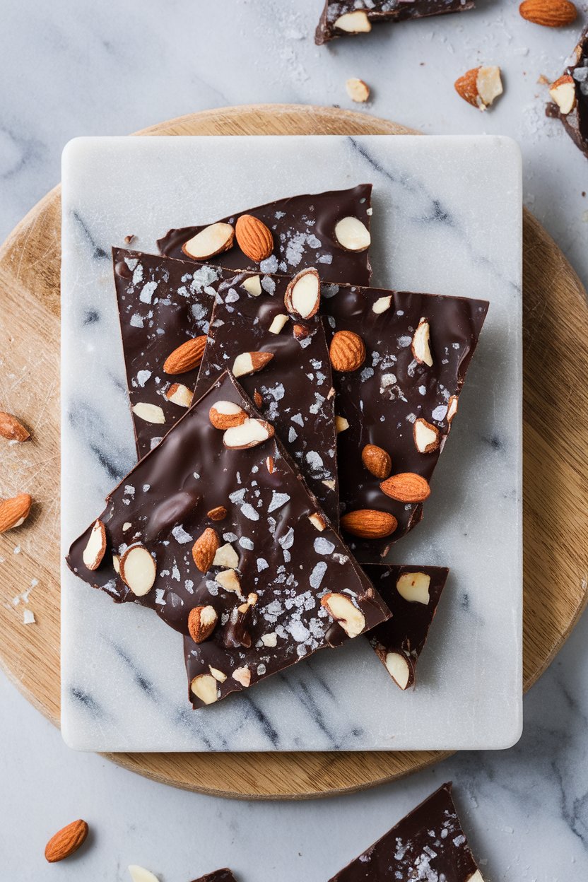 Indoor marble slab displaying shards of glossy dark chocolate bark sprinkled with sea salt and almonds. No text or logos; photo, not illustration.