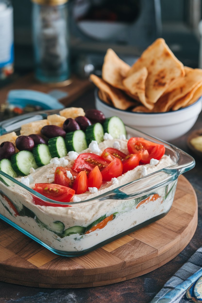 Indoor glass dish displaying colorful layers of hummus, tzatziki, cucumbers, tomatoes, olives, and feta. Pita chips nearby. No text or logos.