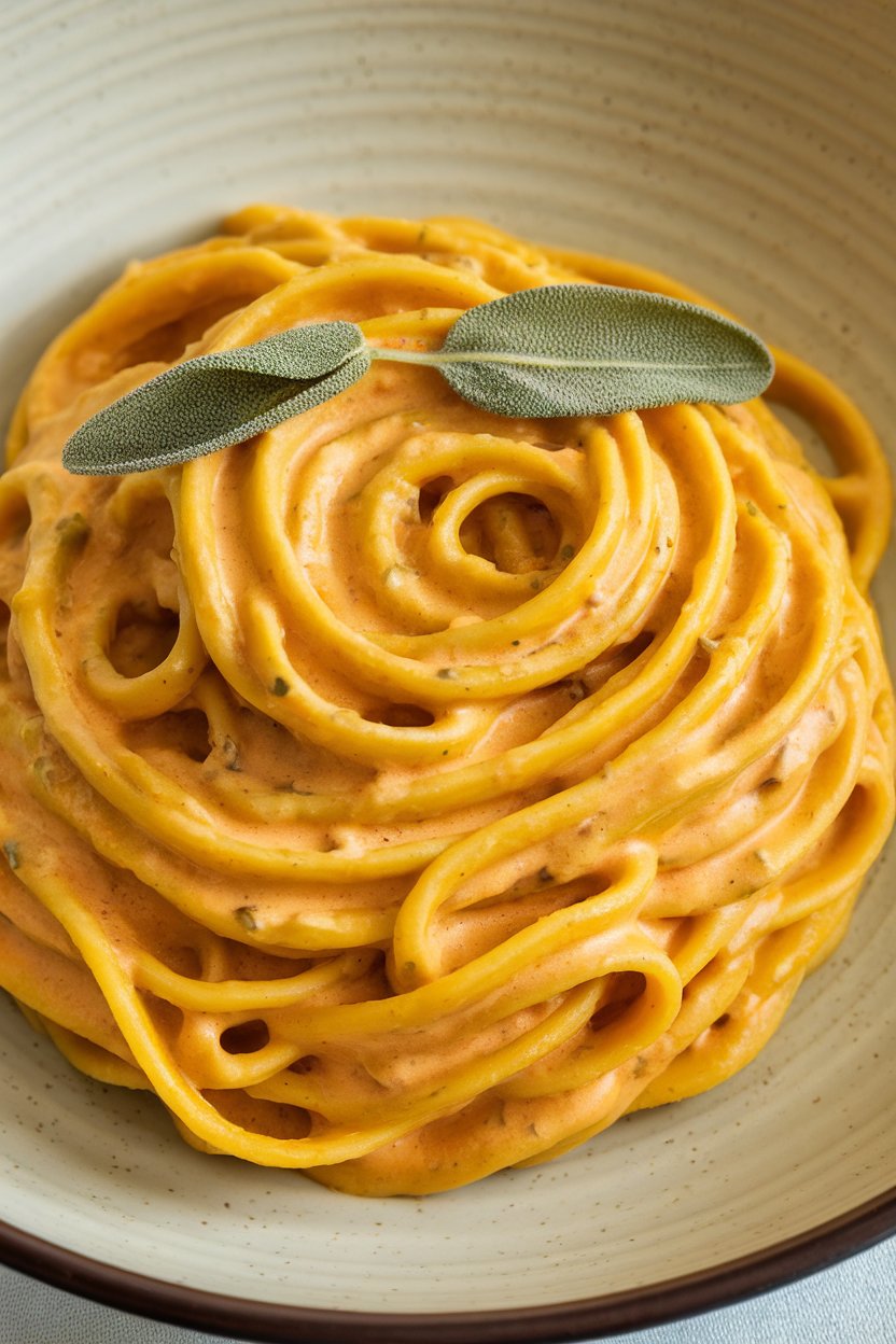 A twirled mound of linguine coated in velvety pumpkin Alfredo sauce on an indoor plate, sage leaves on top. No text or logos. Photograph.