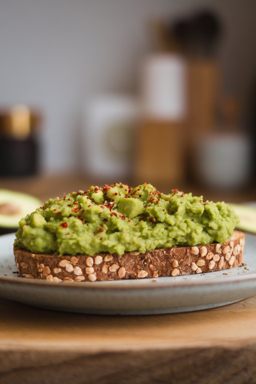 A slice of whole-grain toast topped with a chunky green chickpea-avocado mash and sprinkled with chili flakes, photographed indoors. No text or logos.