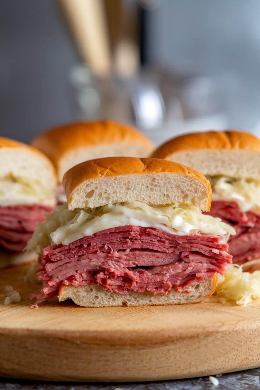 Indoor photo of small rye-bread sliders stacked with corned beef, melted Swiss, sauerkraut, and a drizzle of dressing on a wooden board, no text or logos