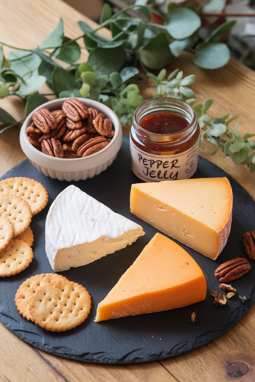 Indoor photo of a slate cheese board featuring wedges of brie, smoked gouda, pepper jelly, praline pecans, and crackers; no text or logos